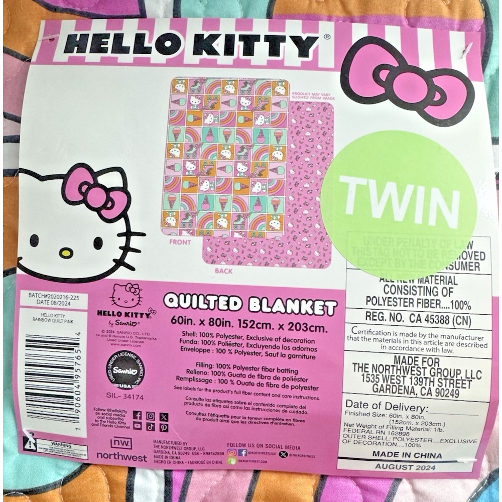 Hello Kitty Quilted Blanket Twin Size 60x80", Reversible Roller Skat, Multicolor